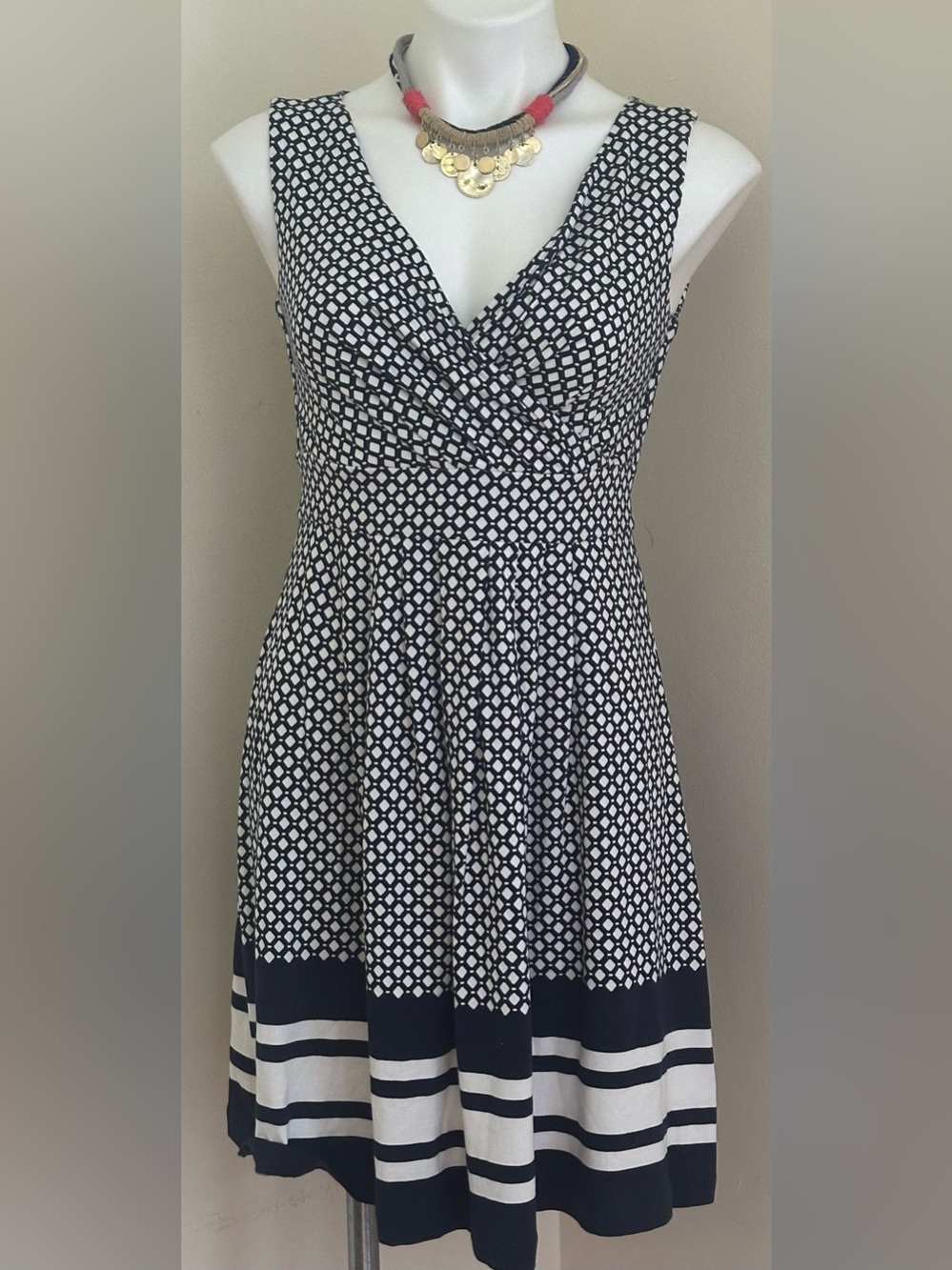 LANDS END Navy & White Geometric stripes Wrap Front Look Sleeveless Dress Sz XSP